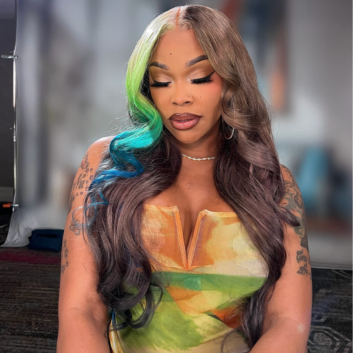 SZC Brown With Ombre Blonde Green Blue Streaks 13x4 Lace Front Remy Human Hair Wigs