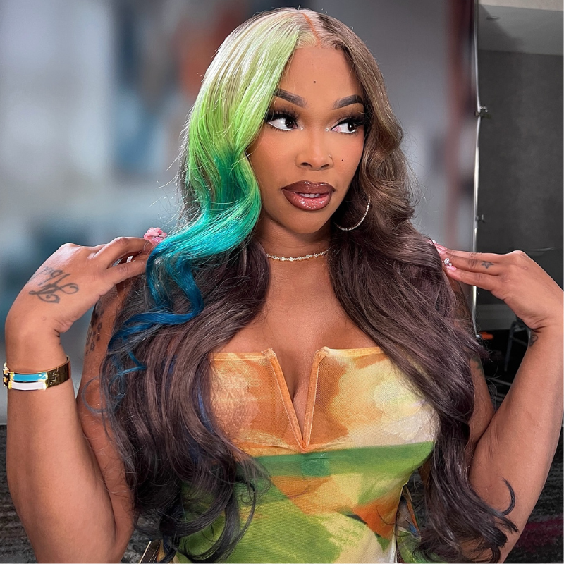 SZC Brown With Ombre Blonde Green Blue Streaks 13x4 Lace Front Remy Human Hair Wigs