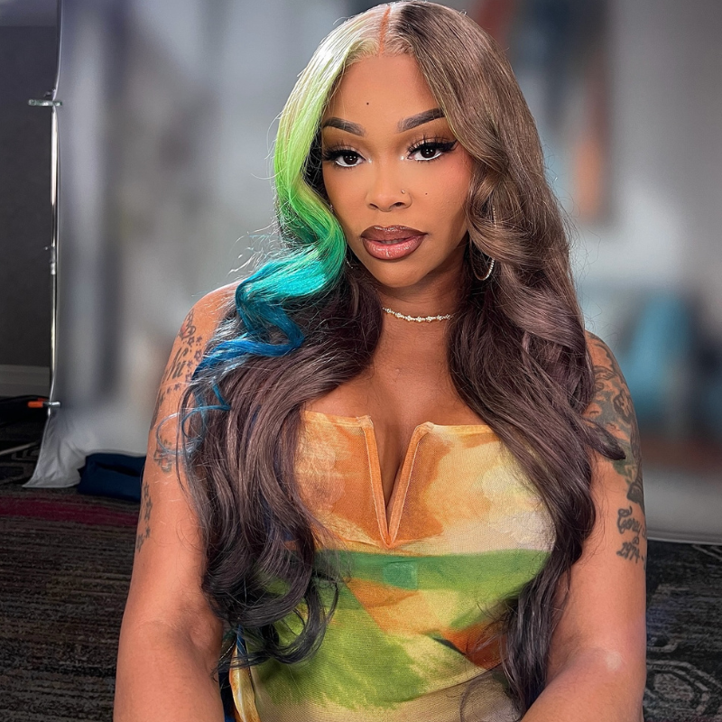 SZC Brown With Ombre Blonde Green Blue Streaks 13x4 Lace Front Remy Human Hair Wigs