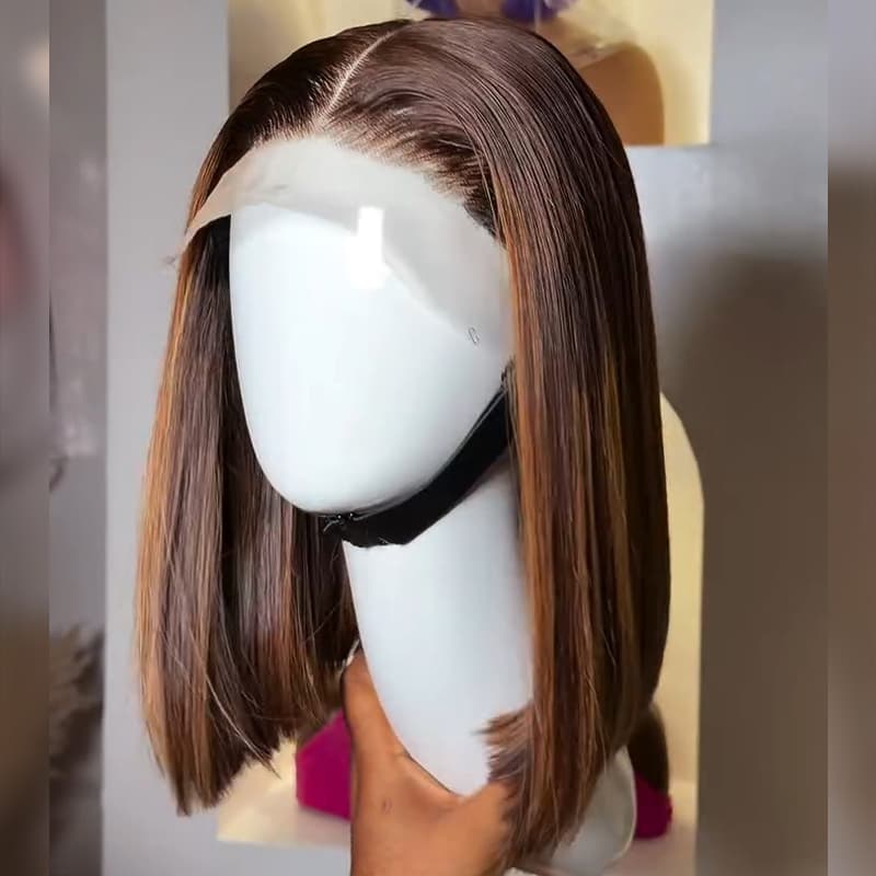 SZC Brown with Caramel Highlights Short Bob Elegant 13x4 Lace Frontal Human Hair Wigs