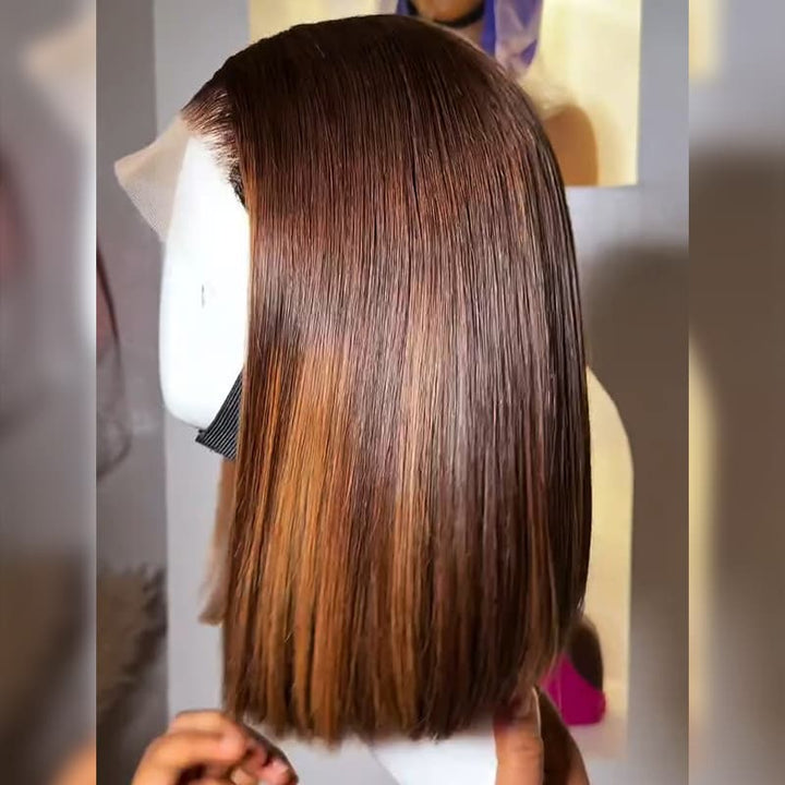 SZC Brown with Caramel Highlights Short Bob Elegant 13x4 Lace Frontal Human Hair Wigs