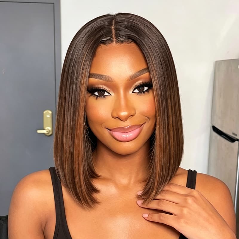 SZC Brown with Caramel Highlights Short Bob Elegant 13x4 Lace Frontal Human Hair Wigs