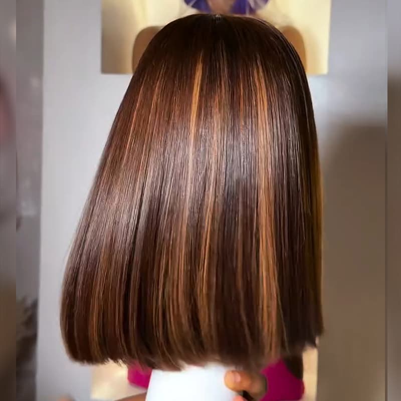 SZC Brown with Caramel Highlights Short Bob Elegant 13x4 Lace Frontal Human Hair Wigs