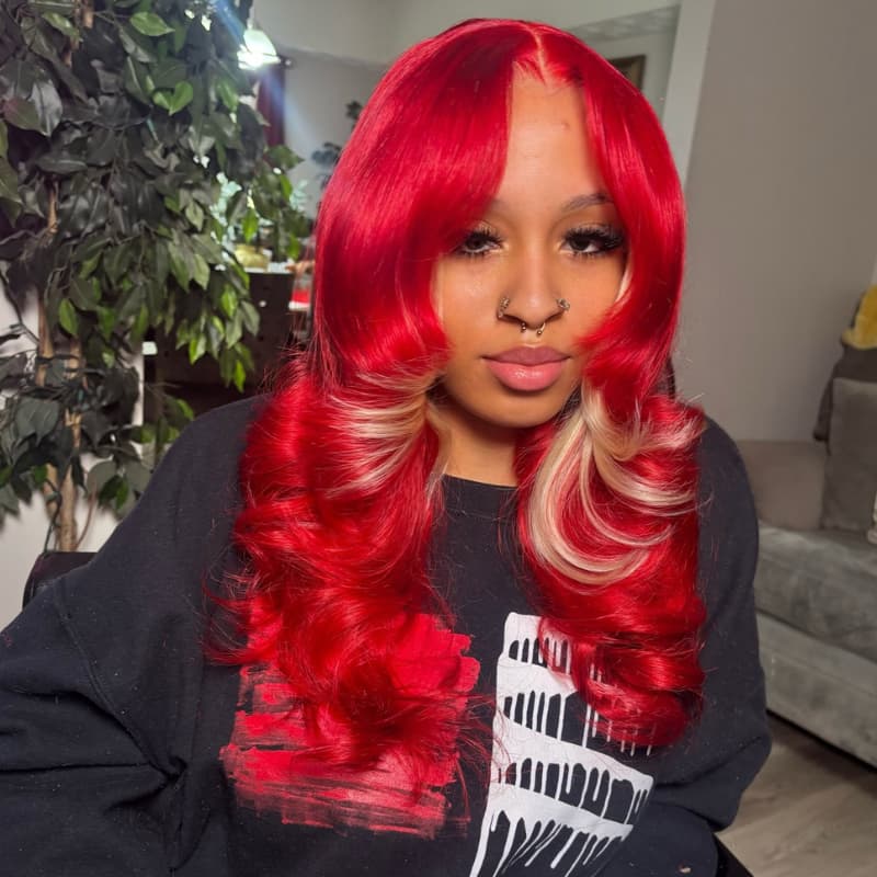 SZC Burgundy Hot Red With Blonde Highlights 13x4 Lace Front Human Hair Wigs 200 Density