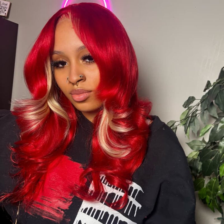 SZC Burgundy Hot Red With Blonde Highlights 13x4 Lace Front Human Hair Wigs 200 Density