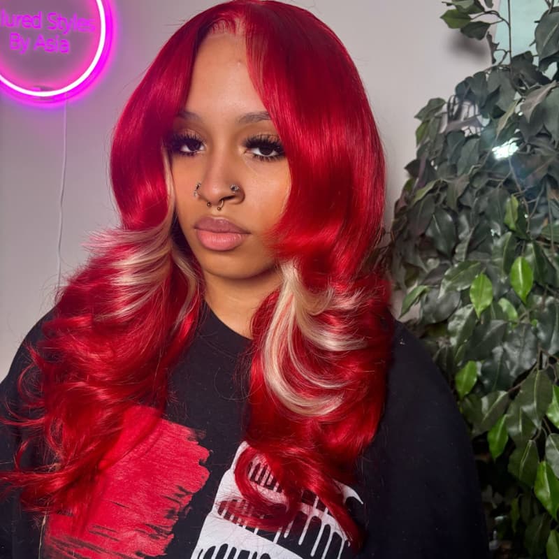 SZC Burgundy Hot Red With Blonde Highlights 13x4 Lace Front Human Hair Wigs 200 Density