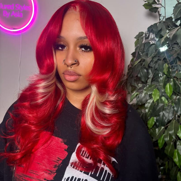 SZC Burgundy Hot Red With Blonde Highlights 13x4 Lace Front Human Hair Wigs 200 Density