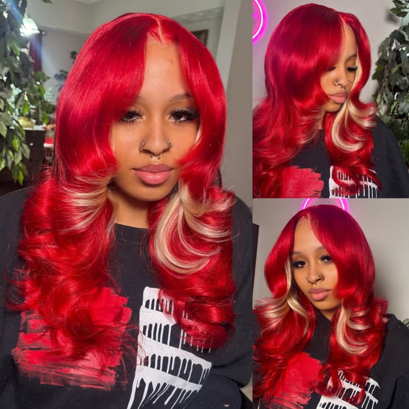 SZC Burgundy Hot Red With Blonde Highlights 13x4 Lace Front Human Hair Wigs 200 Density