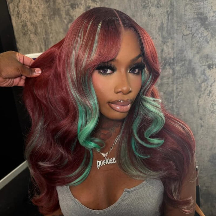 SZC Burgundy Red With Green Highlights 13x4 Lace Front Virgin Human Hair Wigs 200 Density
