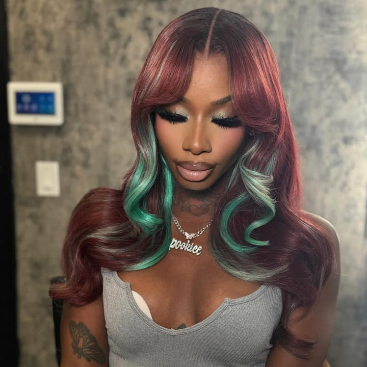 SZC Burgundy Red With Green Highlights 13x4 Lace Front Virgin Human Hair Wigs 200 Density