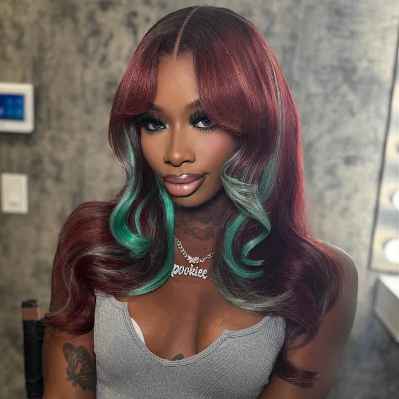 SZC Burgundy Red With Green Highlights 13x4 Lace Front Virgin Human Hair Wigs 200 Density