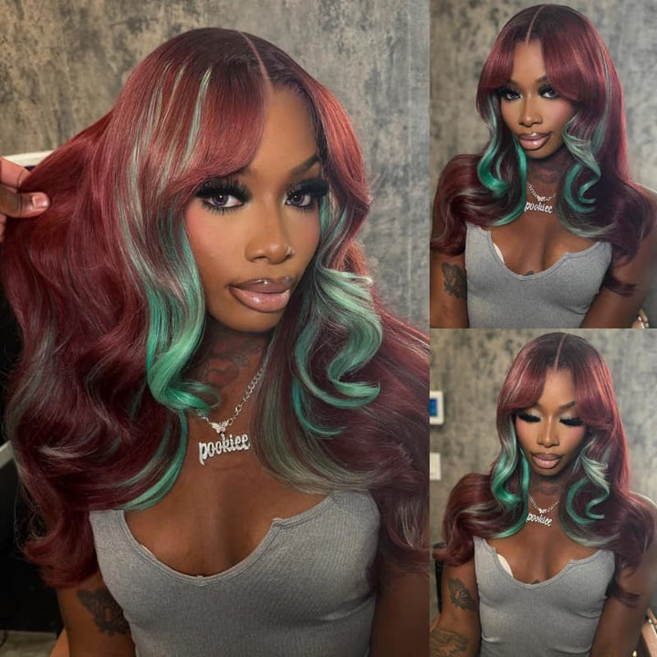 SZC Burgundy Red With Pastel Green Highlights 13x4 Lace Front Virgin Human Hair Wigs