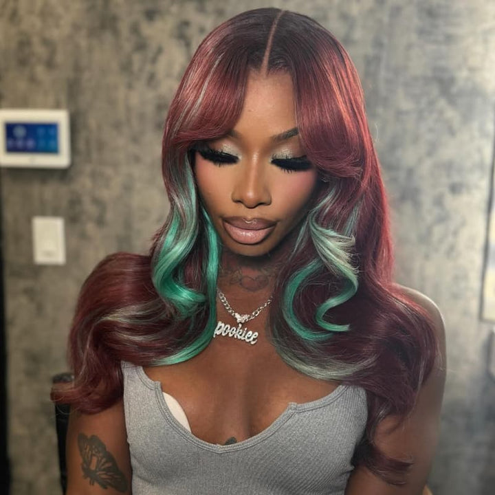 SZC Burgundy Red With Pastel Green Highlights 13x4 Lace Front Virgin Human Hair Wigs