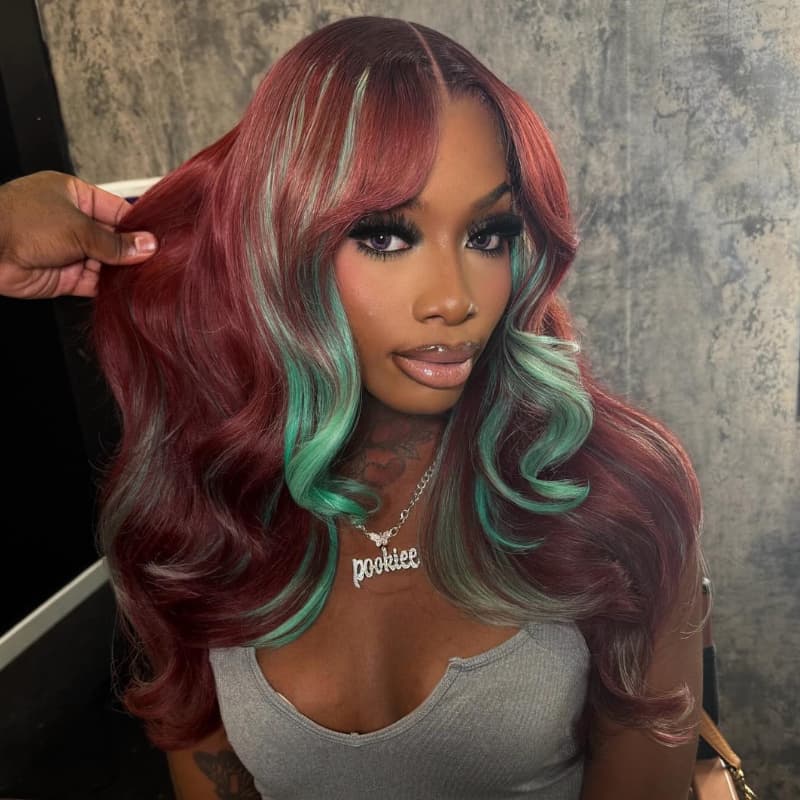 SZC Burgundy Red With Pastel Green Highlights 13x4 Lace Front Virgin Human Hair Wigs