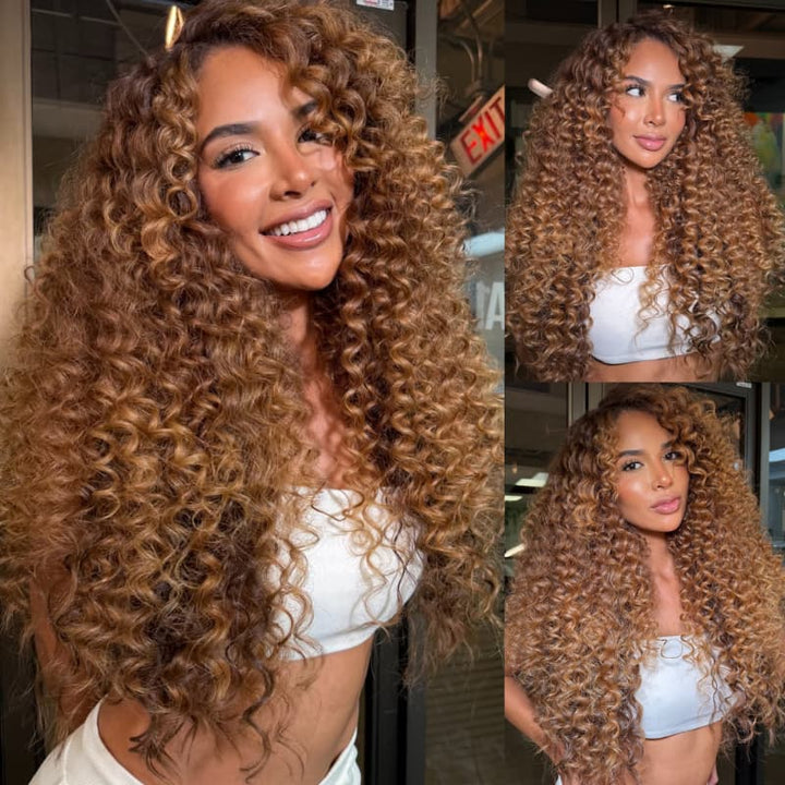 SZC Caramel Blonde Brown Fluffy Spiral Deep Curly 13x4 Lace Front Human Hair Wigs