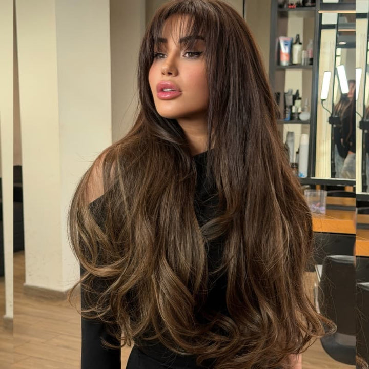 SZC Caramel Brown 13x4 Lace Front Virgin Human Hair Wig With Bangs