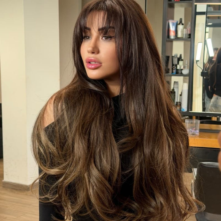 SZC Caramel Brown 13x4 Lace Front Virgin Human Hair Wig With Bangs