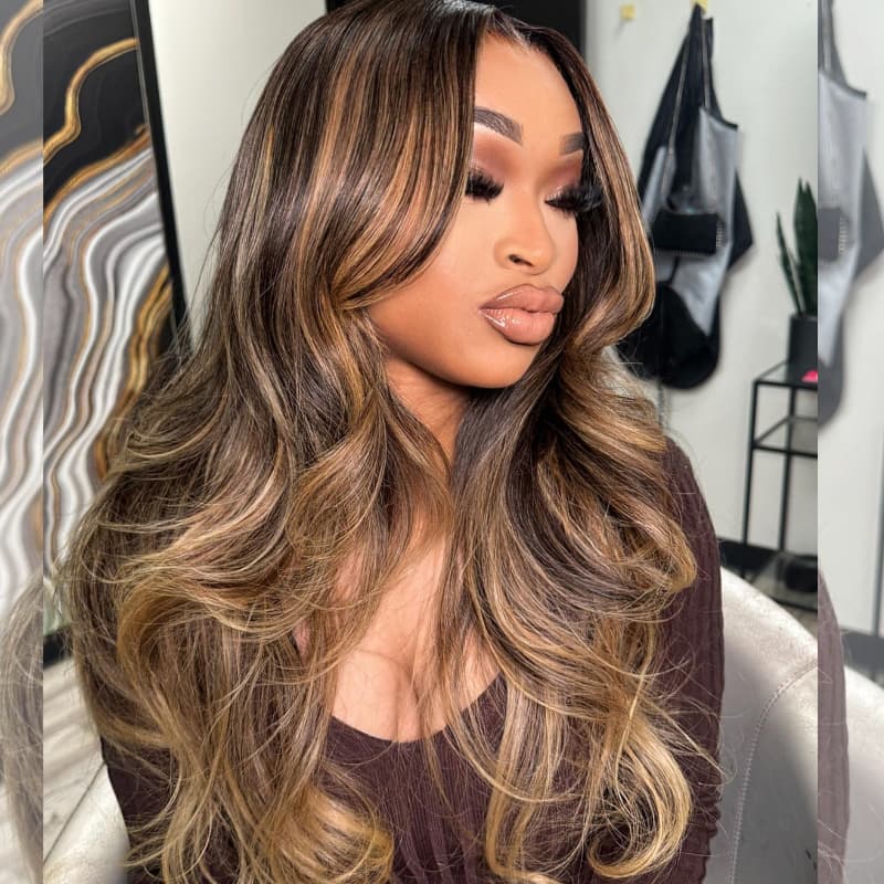 SZC Caramel Brown Honey Blonde Highlights 13x4 Lace Front Human Hair Wigs 200 Density