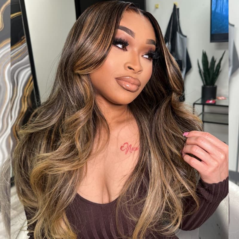 SZC Caramel Brown Honey Blonde Highlights 13x4 Lace Front Human Hair Wigs 200 Density