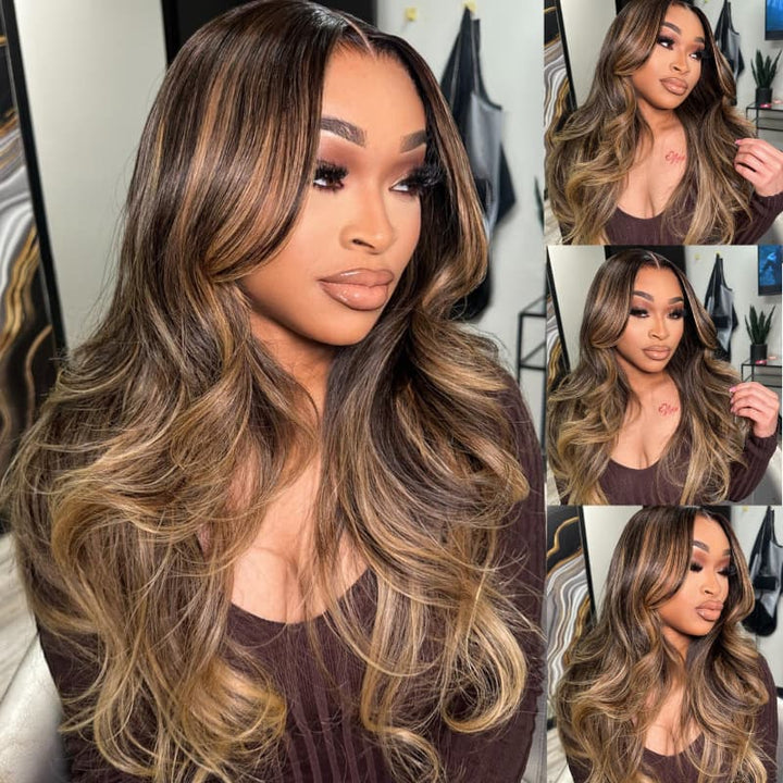 SZC Caramel Brown Honey Blonde Highlights 13x4 Lace Front Human Hair Wigs 200 Density