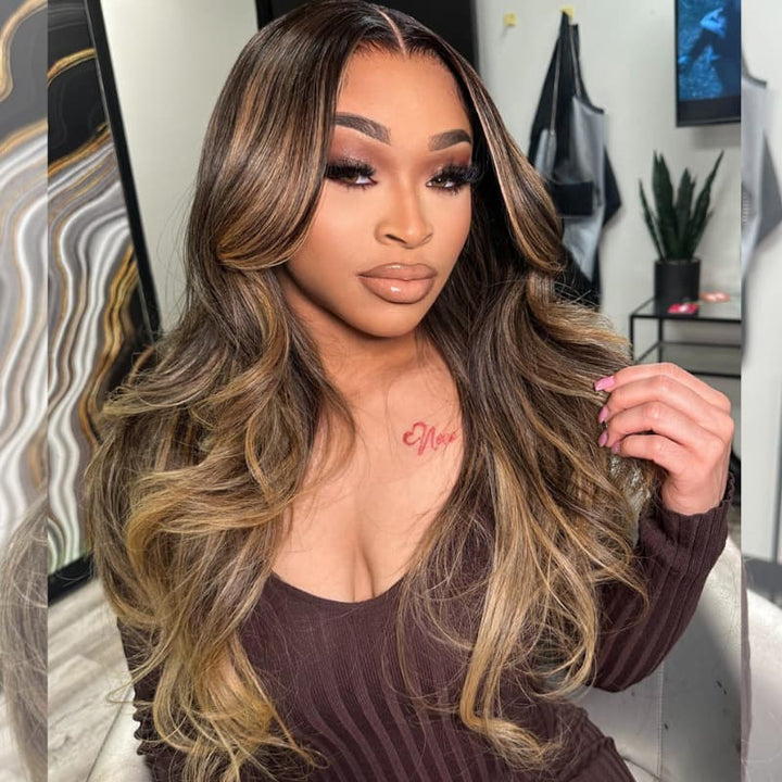 SZC Caramel Brown Honey Blonde Highlights 13x4 Lace Front Human Hair Wigs 200 Density