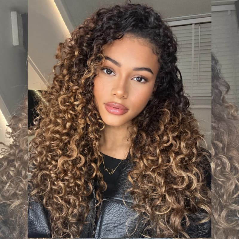 SZC Caramel Golden Honey Blonde Brown With Dark Roots Tight Spring Curly 13X4 Lace Front Human Hair Wigs 250 300 Density