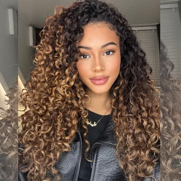 SZC Caramel Golden Honey Blonde Brown With Dark Roots Tight Spring Curly 13X4 Lace Front Human Hair Wigs 250 300 Density