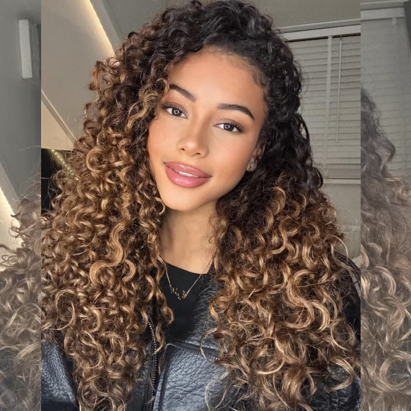 SZC Caramel Golden Honey Blonde Brown With Dark Roots Tight Spring Curly 13X4 Lace Front Human Hair Wigs 250 300 Density