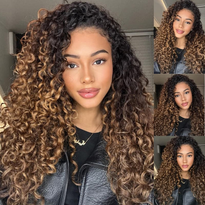 SZC Caramel Golden Honey Blonde Brown With Dark Roots Tight Spring Curly 13X4 Lace Front Human Hair Wigs 250 300 Density