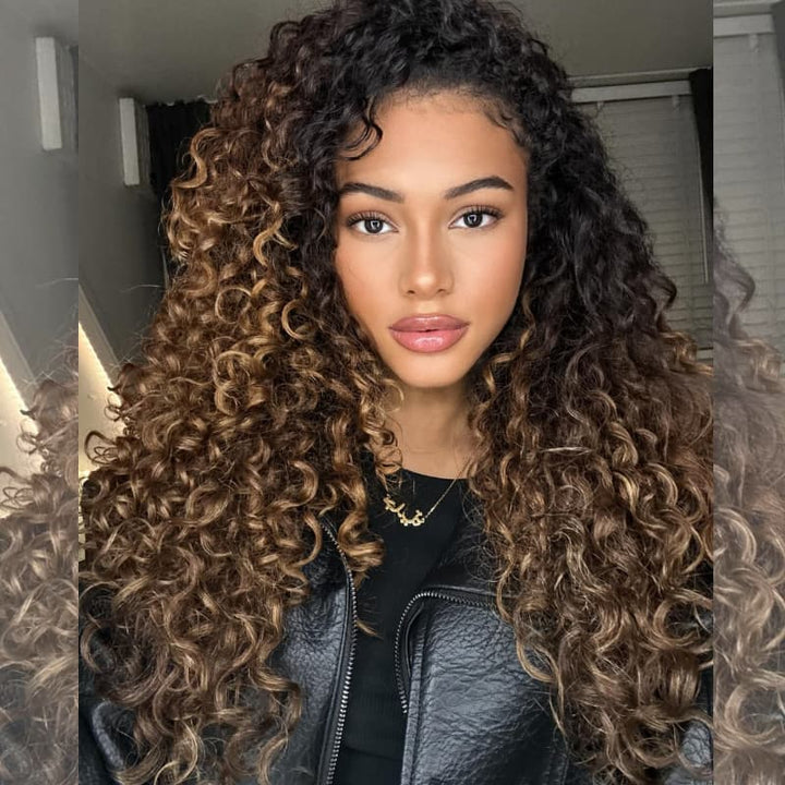 SZC Caramel Golden Honey Blonde Brown With Dark Roots Tight Spring Curly 13X4 Lace Front Human Hair Wigs 250 300 Density