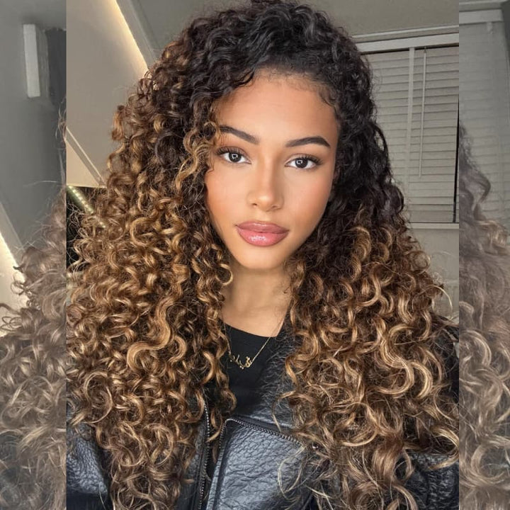 SZC Caramel Golden Honey Blonde Brown With Dark Roots Tight Spring Curly 13X4 Lace Front Human Hair Wigs 250 300 Density