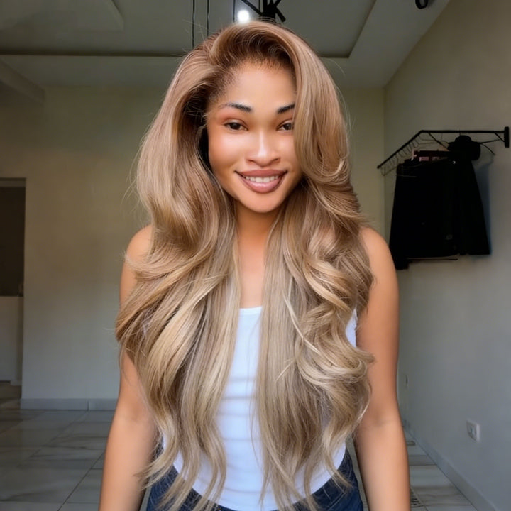 SZC Champagne Ash Blonde 13x4 Lace Front Virgin Human Hair Wigs 200 Density