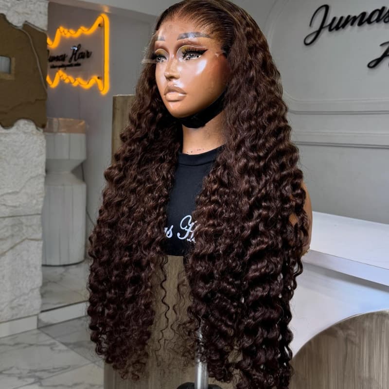 SZC Chocolate Brown Burmese Curly 13x4 Lace Front Human Hair Wig 250 300 Density
