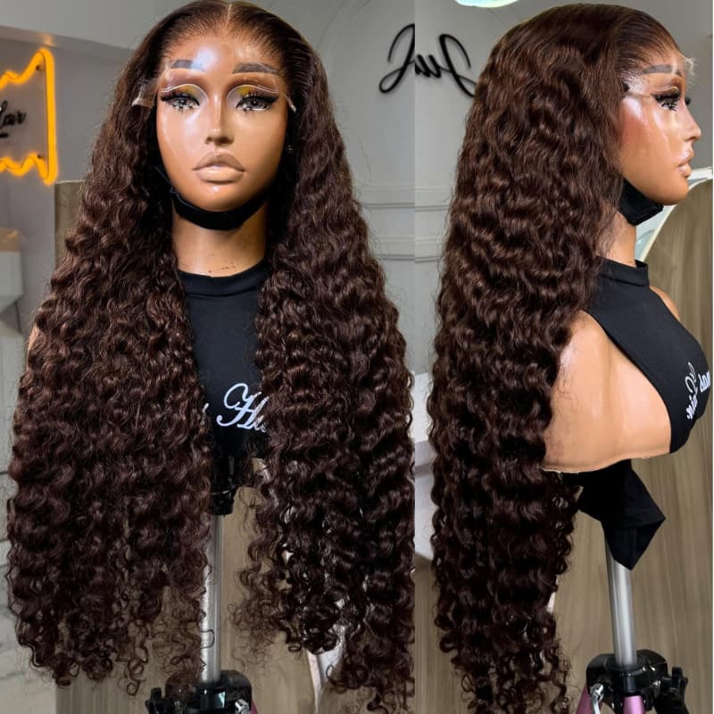 SZC Chocolate Brown Burmese Curly 13x4 Lace Front Human Hair Wig 250 300 Density