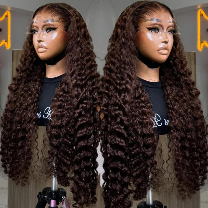 SZC Chocolate Brown Burmese Curly 13x4 Lace Front Human Hair Wig 250 300 Density