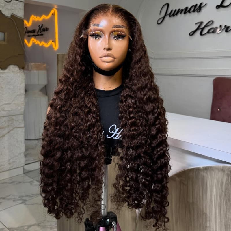 SZC Chocolate Brown Burmese Curly 13x4 Lace Front Human Hair Wig 250 300 Density