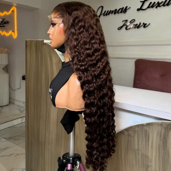 SZC Chocolate Brown Burmese Curly 13x4 Lace Front Human Hair Wig 250 300 Density