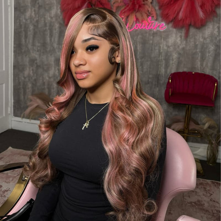 SZC Chocolate Brow Pink Highlight Streaks 13x4 Lace Front Virgin Human Hair Wig