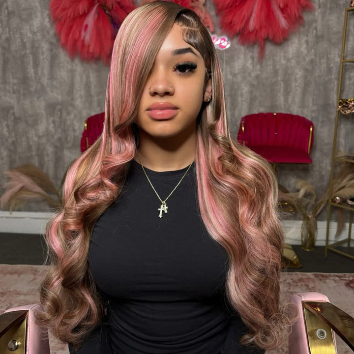 SZC Chocolate Brow Pink Highlight Streaks 13x4 Lace Front Virgin Human Hair Wig