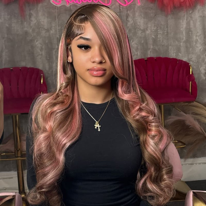 SZC Chocolate Brow Pink Highlight Streaks 13x4 Lace Front Virgin Human Hair Wig