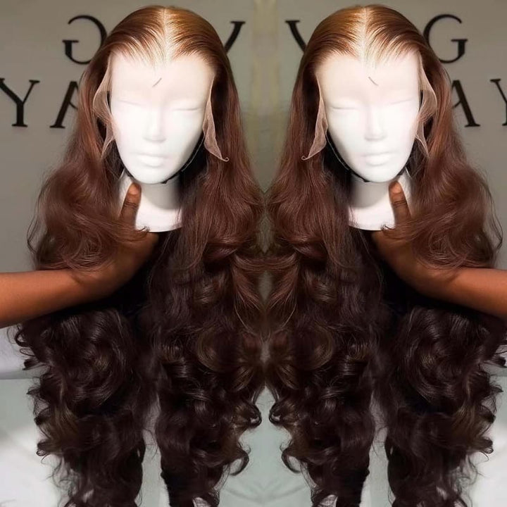 SZC Chocolate Brown Bouncy Loose Wave 300 Density 13x4 Lace Front Human Hair Wigs
