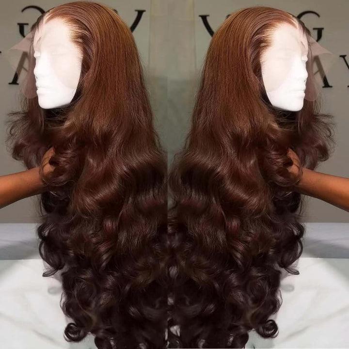 SZC Chocolate Brown Bouncy Loose Wave 300 Density 13x4 Lace Front Human Hair Wigs