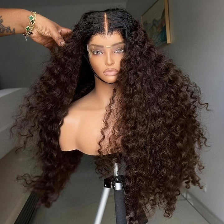 SZC Chocolate Brown Burmese Curly 13x4 Lace Front Human Hair Wig 250 300 Density