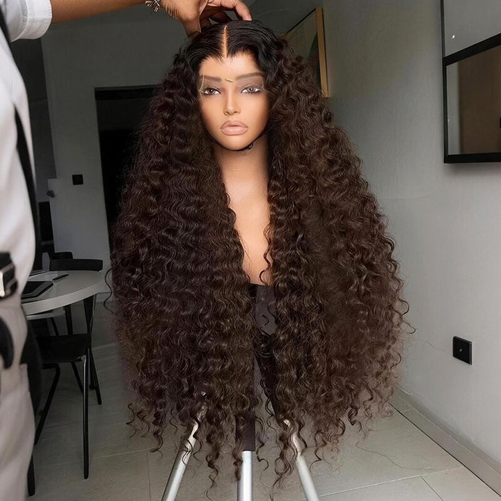 SZC Chocolate Brown Burmese Curly 13x4 Lace Front Human Hair Wig 250 300 Density