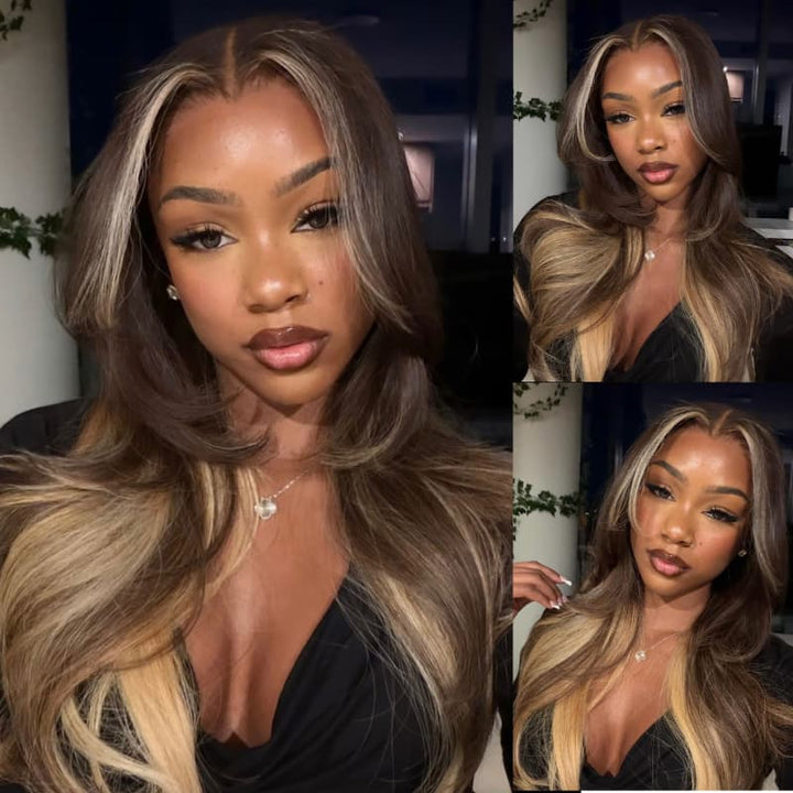 SZC Chocolate Brown Honey Blonde Face-Framing Balayage 13x4 Lace Front Virgin Human Hair Wigs 200 Density