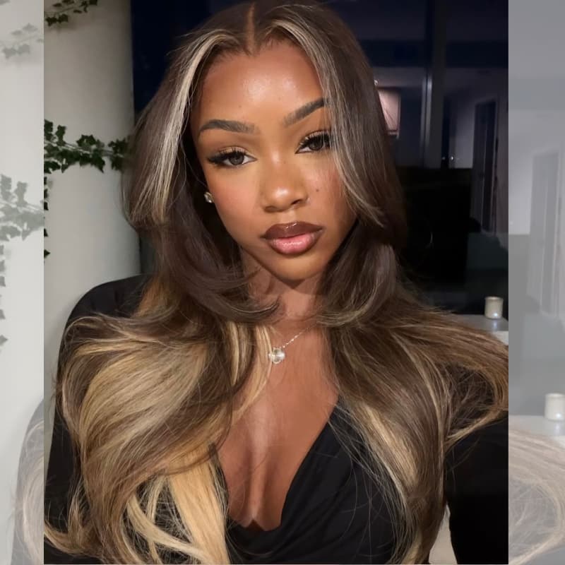 SZC Chocolate Brown Honey Blonde Face-Framing Balayage 13x4 Lace Front Virgin Human Hair Wigs 200 Density