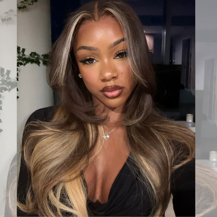 SZC Chocolate Brown Honey Blonde Face-Framing Balayage 13x4 Lace Front Virgin Human Hair Wigs 200 Density
