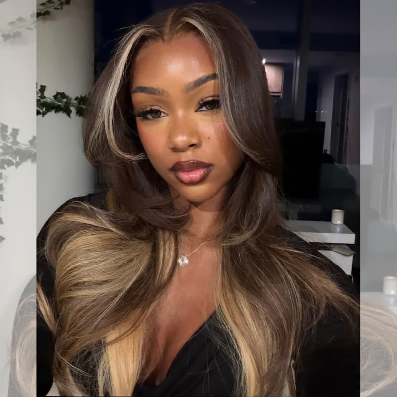 SZC Chocolate Brown Honey Blonde Face-Framing Balayage 13x4 Lace Front Virgin Human Hair Wigs 200 Density