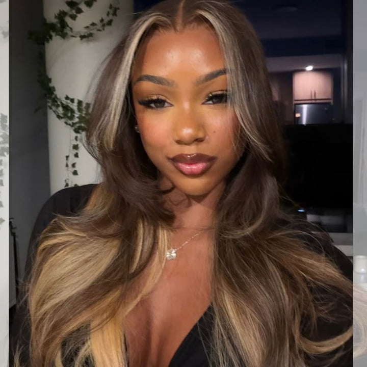 SZC Chocolate Brown Honey Blonde Face-Framing Balayage 13x4 Lace Front Virgin Human Hair Wigs 200 Density