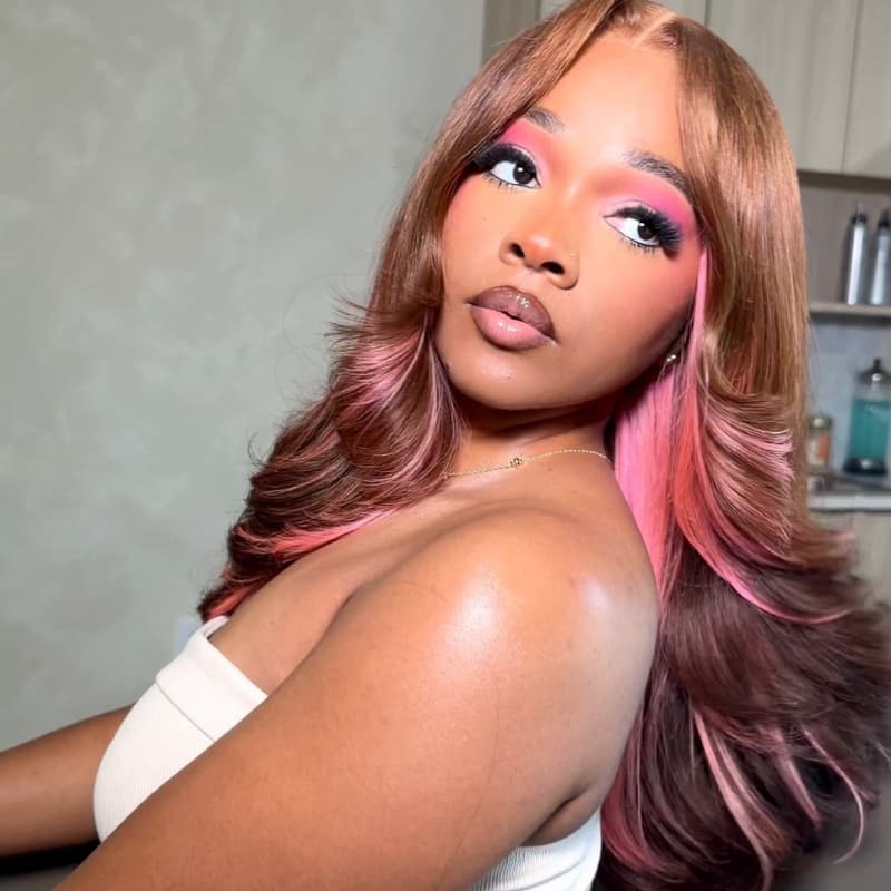 SZC Chocolate Brown Rose Pink Highlights 13x4 Lace Front Human Hair Wig 200 Density